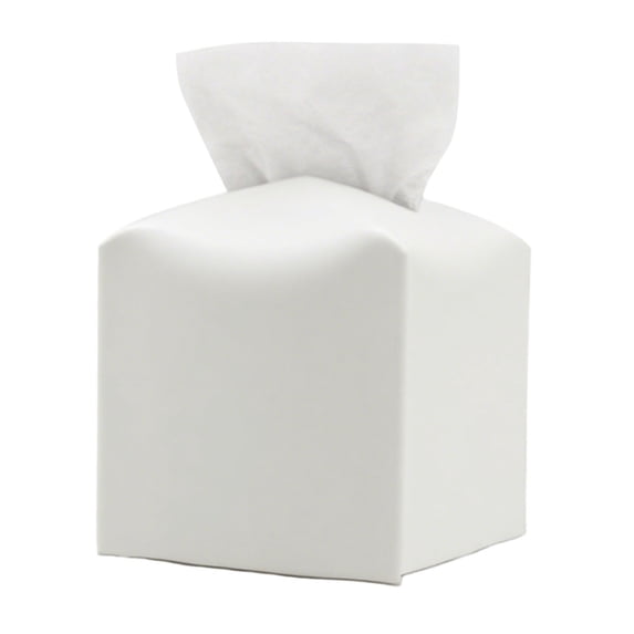 PU Leather Tissue Box Cover 5.12" Square, Decorative Tissue Holder with Bottom Belt for Bathroom, Car, Office, Hotel & Tabletop Organizer, White