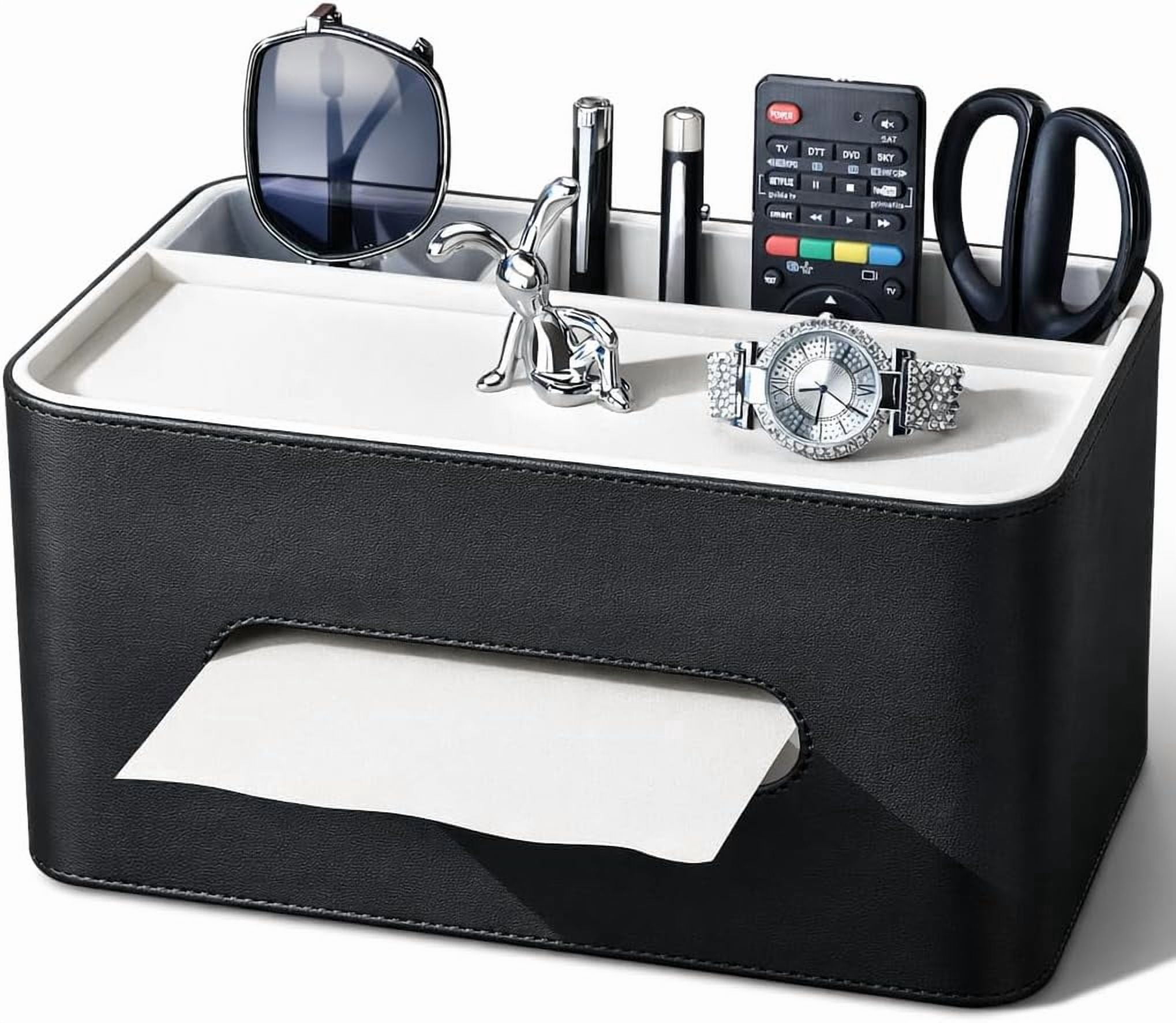 Rectangular Remote Storage PU Leather Tissue Box Cover Rectangular with Storage Organizer Tray ...