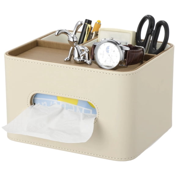 PU Leather Tissue Box Cover, Tissue Holder with Organizer Compartments, Decorative Desk Remote Holder, Table Storage Caddy for Remote, Glasses, Watch