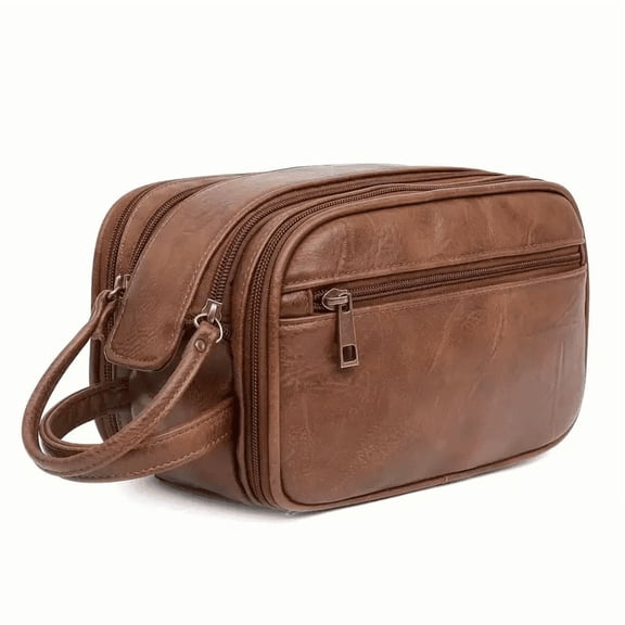 PU Leather Toiletry Bag For Men Large Travel Wash Bag Shaving Water-Resistant-Brown