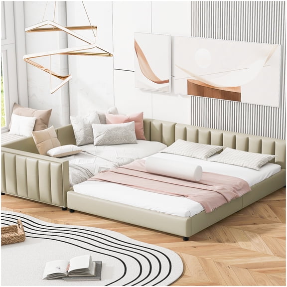 PU Leather Upholstered Daybed Queen with Convertible Twin XL Beds, Safety Rails and Platform Base