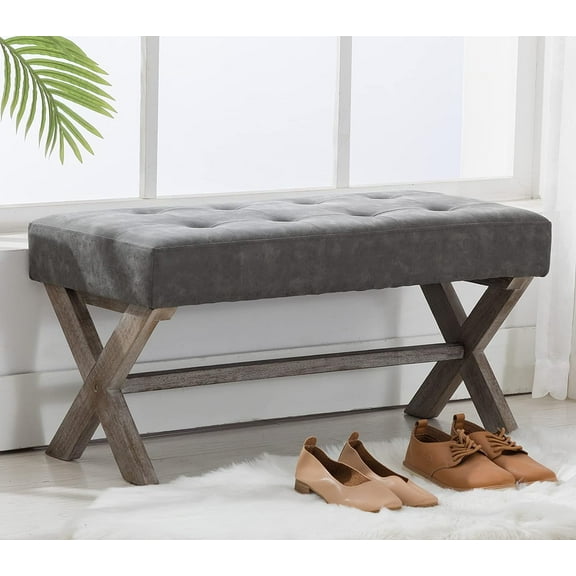 PU Leather Upholstered Entryway Bench, 36 inch Bedroom Bench Seat with X-Shaped Wood Legs for Living Room, Foyer or Hallway - Gray