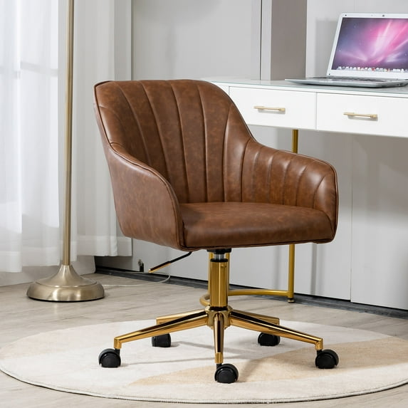 PU Leather Upholstery Home Office Desk Chair for Kids, Women and Men, Modern Genuine Leather Vanity Chair with Adjustable 360° Swivel Height for Living Room, Bedroom and Office, Brown