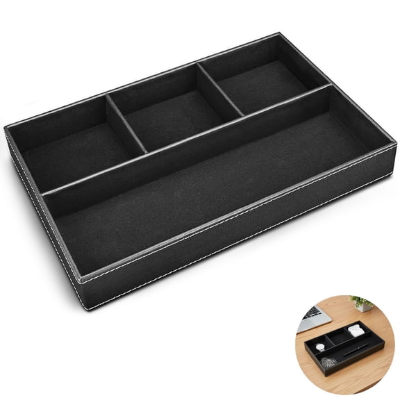 PU Leather Valet Tray with 4 Compartments, Mens Jewelry Box Organizer for Watches Wallet Keys, Retro Desk Organizer for Home Office, Black
