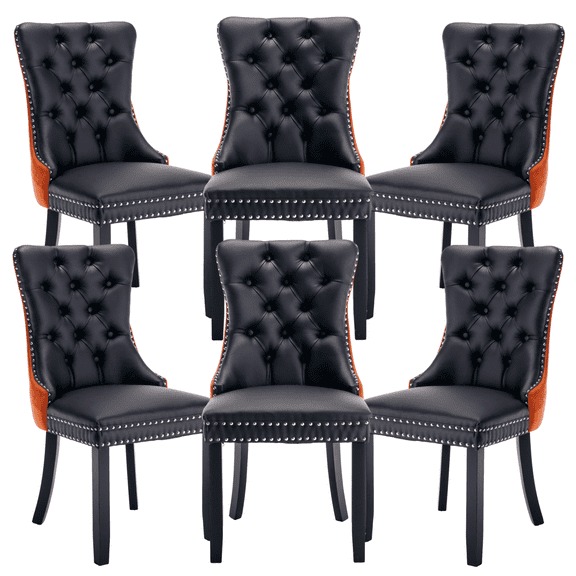 PU Leather and Velvet Dining Chairs, Upholstered Dining Room Chairs with Ring Pull Trim & Button Back, Luxury Tufted Dining Chairs for Living Room, Bedroom, Kitchen(Black+Orange Set of 6)