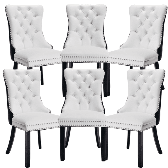 PU Leather and Velvet Dining Chairs, Upholstered Dining Room Chairs with Ring Pull Trim & Button Back, Luxury Tufted Dining Chairs for Living Room, Bedroom, Kitchen(White+Black Set of 6)