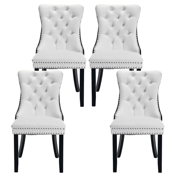 PU Leather and Velvet Dining Chairs, Upholstered Dining Room Chairs with Ring Pull Trim & Button Back, Luxury Tufted Dining Chairs for Living Room, Bedroom, Kitchen(White+Black Set of 4)