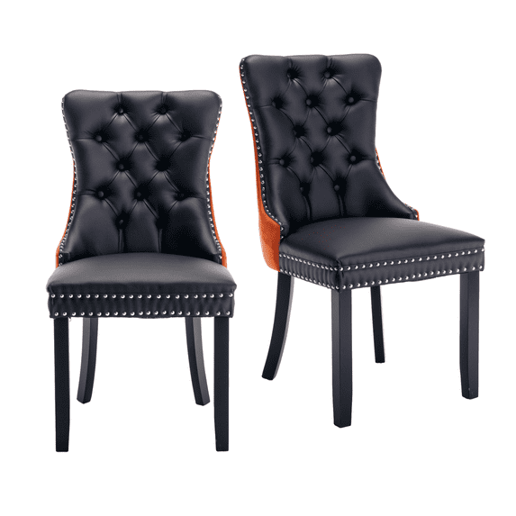 PU Leather and Velvet Dining Chairs, Upholstered Dining Room Chairs with Ring Pull Trim & Button Back, Luxury Tufted Dining Chairs for Living Room, Bedroom, Kitchen(Black+Orange Set of 2)