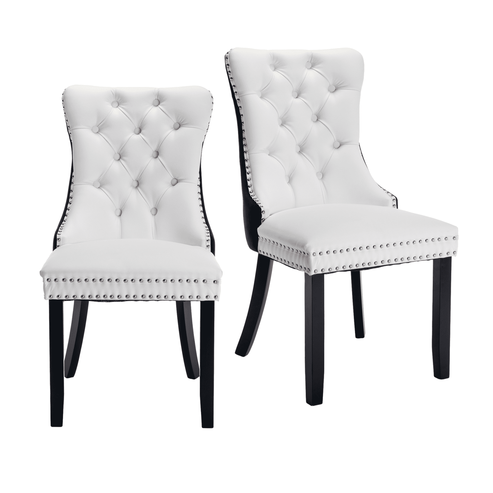 PU Leather and Velvet Dining Chairs, Upholstered Dining Room Chairs with Ring Pull Trim & Button Back, Luxury Tufted Dining Chairs for Living Room, Bedroom, Kitchen(White+Black Set of 2)
