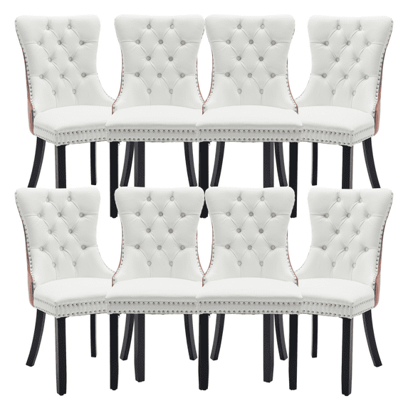 PU Leather and Velvet Dining Chairs, Upholstered Dining Room Chairs with Ring Pull Trim & Button Back, Luxury Tufted Dining Chairs for Living Room, Bedroom, Kitchen(White+Pink Set of 8)