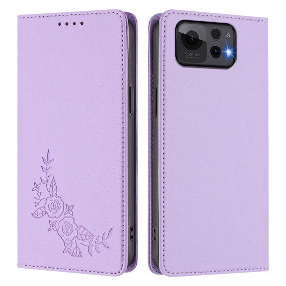 PU Leather Wallet Case for ASUS Zenfone 12 Ultra,Strong Magnetic Flip Folio Cover, RFID Blocking, 2 Card Slots, Kickstand, Embossed Floral Pattern Phone Protective Shell.Light purple