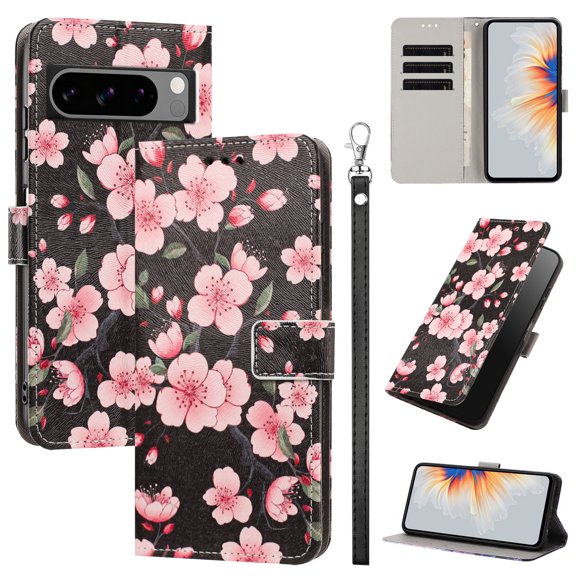 PU Leather Wallet Case for Google Pixel 8 Pro with Pattern Design, Built in Kickstand Card Slots Wrist Strap Drop Protective Phone Cover for Google Pixel 8 Pro, G