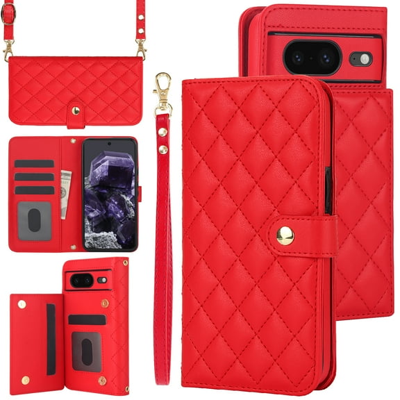 PU Leather Wallet Case for Google Pixel 8a, Wrist Strap + Shoulder Strap, Multiple Card Slots Folio Purse, PU Leather Stand RFID Blocking Phone Case Cover for Google Pixel 8a,Red