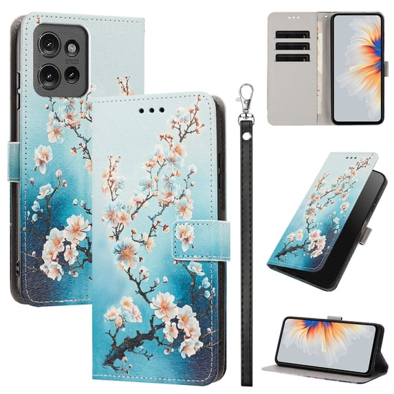 PU Leather Wallet Case for Motorola Edge (2025) with Pattern Design, Built in Kickstand Card Slots Wrist Strap Drop Protective Phone Cover for Motorola Edge (2025), E
