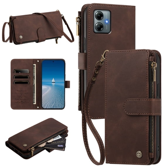 PU Leather Wallet Case for Motorola Moto G Play 2025 6.8",9-Card Holder, Zipper Bills Slot, Magnetic Shoulder Strap & Wristlet Cover,Brown,For Moto G Play 2025