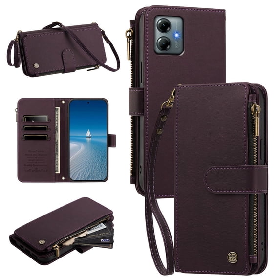 PU Leather Wallet Case for Motorola Moto G Play 2025 6.8",9-Card Holder, Zipper Bills Slot, Magnetic Shoulder Strap & Wristlet Cover,Dark Purple,For Moto G Play 2025