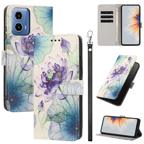 PU Leather Wallet Case for Motorola Moto G Play 4G 2024 with Pattern Design, Built in Kickstand Card Slots Wrist Strap Drop Protective Phone Cover for Motorola Moto G Play 4G 2024, C