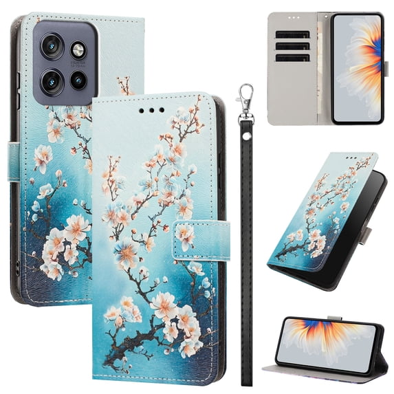PU Leather Wallet Case for Motorola Moto G Power 5G 2025 / G Play 5G 2025 with Pattern Design, Built in Kickstand Card Slots Wrist Strap Drop Protective Phone Cover, E
