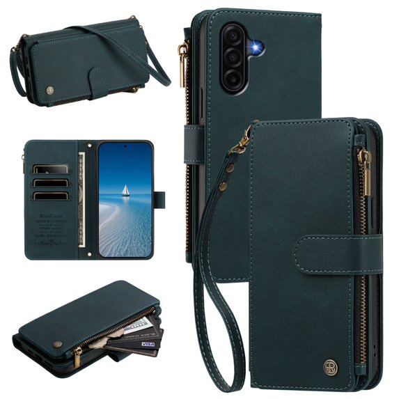 PU Leather Wallet Case for Samsung Galaxy A37 5G 6.7",9-Card Holder, Zipper Bills Slot, Magnetic Shoulder Strap & Wristlet Cover,Green,For Galaxy A37 5G