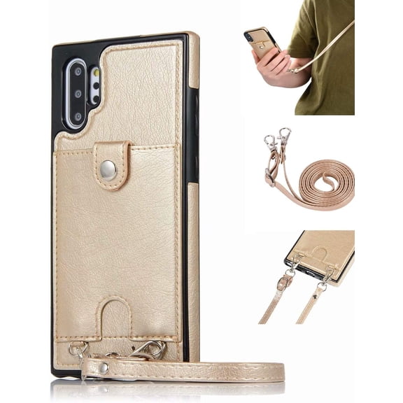 PU Leather Wallet Case for Samsung Galaxy Note 10+ Plus/Pro/5G Necklace Lanyard Case Cover with Card Holder Adjustable Detachable Anti-Lost Neck Strap Case for Galaxy Note 10+/Pro/5G,6.8",Gold