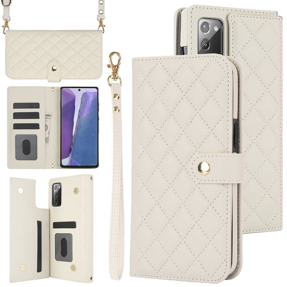 PU Leather Wallet Case for Samsung Galaxy Note 20, Wrist Strap + Shoulder Strap, Multiple Card Slots Folio Purse, PU Leather Stand RFID Blocking Phone Cover for Galaxy Note 20,White
