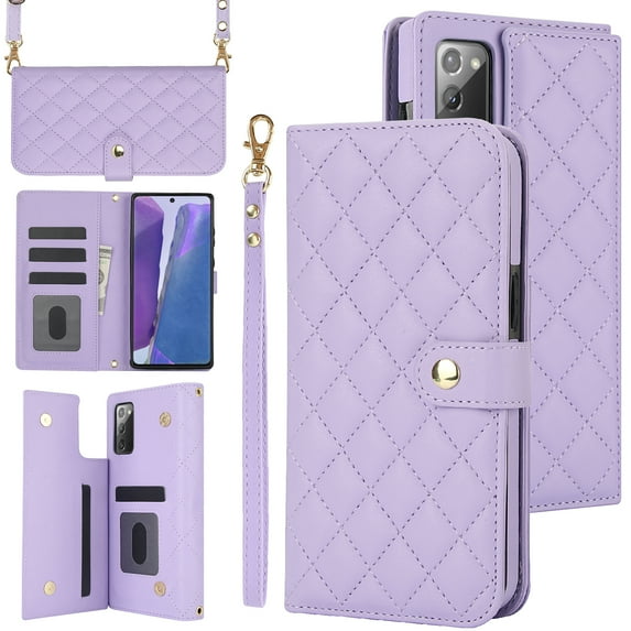PU Leather Wallet Case for Samsung Galaxy Note 20, Wrist Strap + Shoulder Strap, Multiple Card Slots Folio Purse, PU Leather Stand RFID Blocking Phone Cover for Galaxy Note 20,Purple