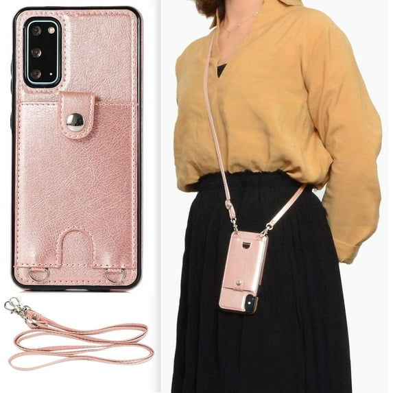 PU Leather Wallet Case for Samsung Galaxy S20 Necklace Crossbody Lanyard Case Cover with Card Holder Adjustable Detachable Anti-Lost Neck Strap Case for Samsung Galaxy S20,6.2",Pink