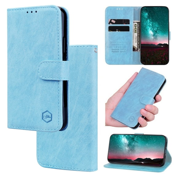 PU Leather Wallet Case for Samsung Galaxy S22, Classic Phone Case with Viewing Stand and 2 Card Holder Magnetic Buckle Shockproof Flip Case Cover for Men Women for S22, Lightblue