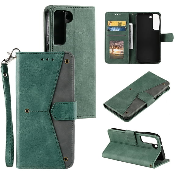 PU Leather Wallet Case for Samsung Galaxy S22, Detachable Wrist Hand Strap Magnetic Folio Purse Cover with Card Holder Flip Kickstand Full Body Shockproof Phone Case for Samsung Galaxy S22, Green