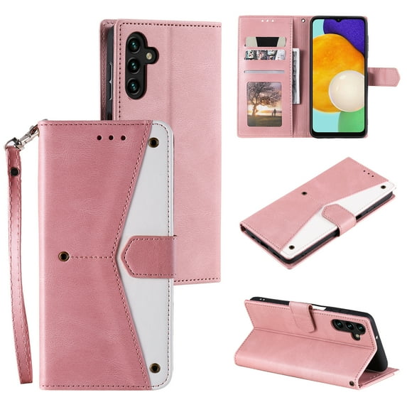 PU Leather Wallet Case for Samsung Galaxy S24, Detachable Wrist Hand Strap Magnetic Folio Purse Cover with Card Holder Flip Kickstand Full Body Shockproof Phone Case for Galaxy S24, Pink
