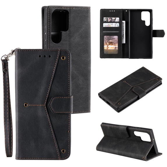 PU Leather Wallet Case for Samsung Galaxy S24 Ultra, Detachable Wrist Hand Strap Magnetic Folio Purse Cover with Card Holder Flip Kickstand Full Body Shockproof Phone Case for Galaxy S24 Ultra, Black