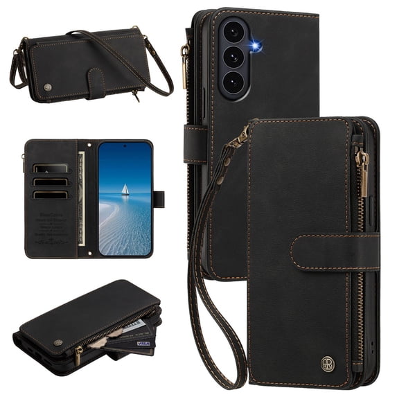 PU Leather Wallet Case for Samsung Galaxy S26 FE 5G 6.7",9-Card Holder, Zipper Bills Slot, Magnetic Shoulder Strap & Wristlet Cover,Black,For Galaxy S26 FE 5G