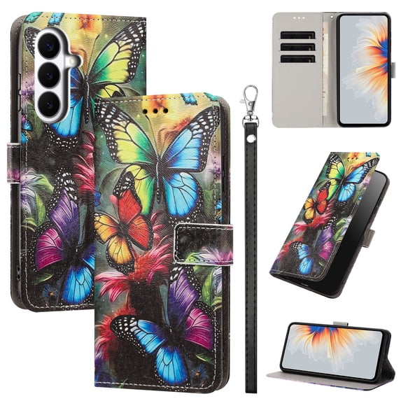 PU Leather Wallet Case for Samsung Galaxy S26 with Pattern Design, Built in Kickstand Card Slots Wrist Strap Drop Protective Phone Cover for Samsung Galaxy S26, A