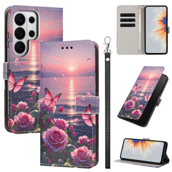 PU Leather Wallet Case for Samsung Galaxy S26 Ultra with Pattern Design, Built in Kickstand Card Slots Wrist Strap Drop Protective Phone Cover for Samsung Galaxy S26 Ultra, F