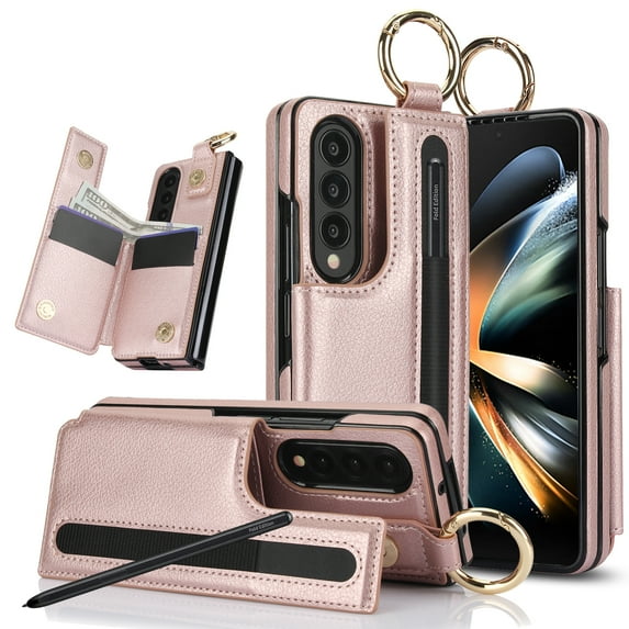 PU Leather Wallet Case For Samsung Galaxy Z Fold 3,With Finger Ring Holder,Card Slots,Back Magnetic Clasp Flip Kickstand,S-pen Slots,Heavy Duty Shockproof Rugged Phone Case,Rosegold