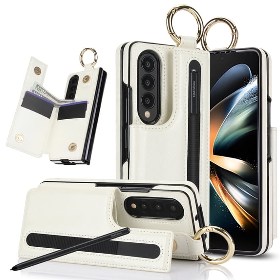 PU Leather Wallet Case For Samsung Galaxy Z Fold 3,With Finger Ring Holder,Card Slots,Back Magnetic Clasp Flip Kickstand,S-pen Slots,Heavy Duty Shockproof Rugged Phone Case,White