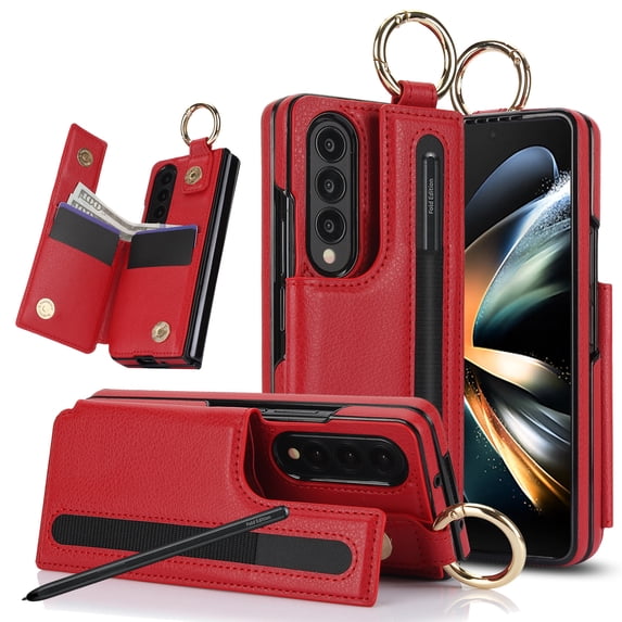 PU Leather Wallet Case For Samsung Galaxy Z Fold 3,With Finger Ring Holder,Card Slots,Back Magnetic Clasp Flip Kickstand,S-pen Slots,Heavy Duty Shockproof Rugged Phone Case,Red
