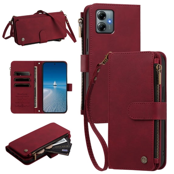 PU Leather Wallet Case for Motorola Moto G Power 2025/2026 6.8",9-Card Holder, Zipper Bills Slot, Magnetic Shoulder Strap & Wristlet Cover,Wine Red