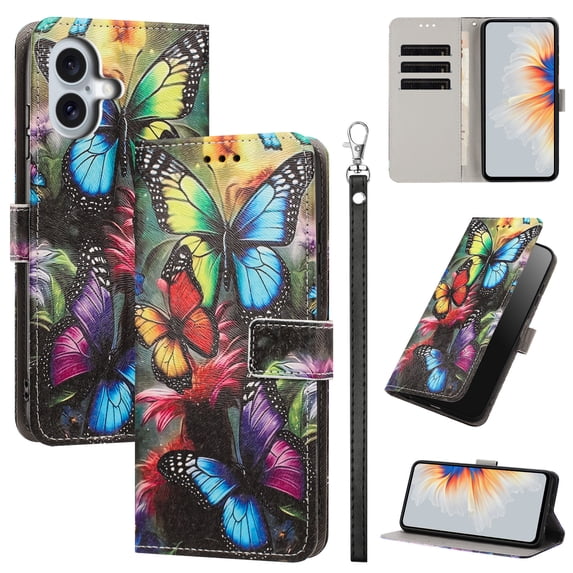 PU Leather Wallet Case for iPhone 17 with Pattern Design, Built in Kickstand Card Slots Wrist Strap Drop Protective Phone Cover for iPhone 17, A