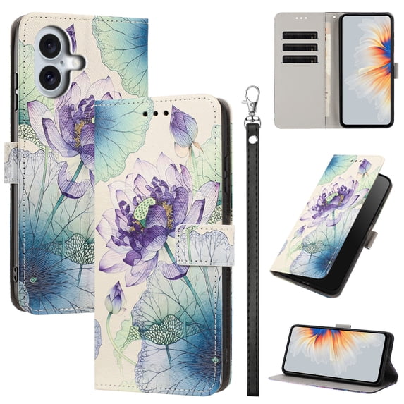 PU Leather Wallet Case for iPhone 17 with Pattern Design, Built in Kickstand Card Slots Wrist Strap Drop Protective Phone Cover for iPhone 17, C