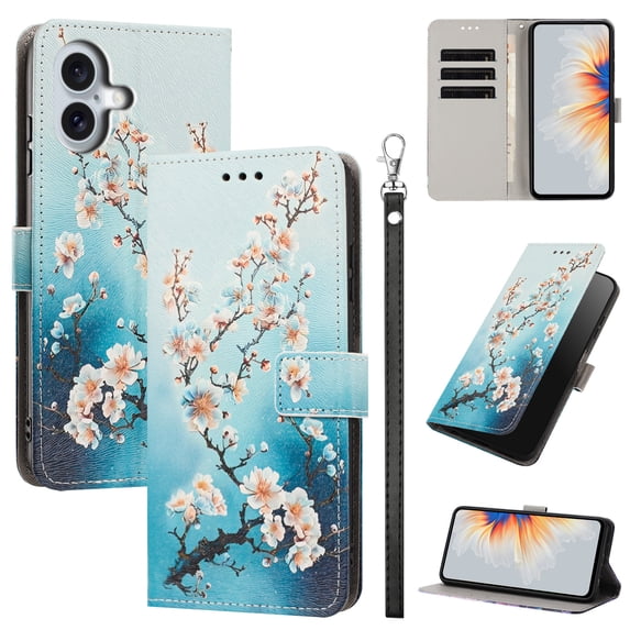 PU Leather Wallet Case for iPhone 17 with Pattern Design, Built in Kickstand Card Slots Wrist Strap Drop Protective Phone Cover for iPhone 17, E