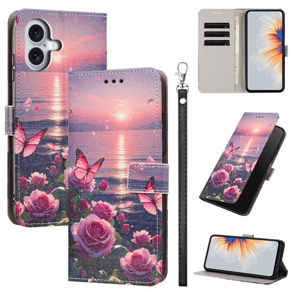 PU Leather Wallet Case for iPhone 17 with Pattern Design, Built in Kickstand Card Slots Wrist Strap Drop Protective Phone Cover for iPhone 17, F