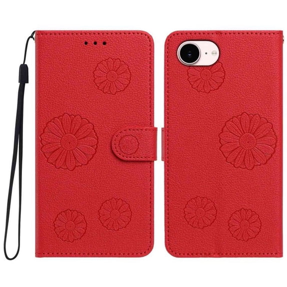 PU Leather Wallet Case for iPhone 17e 6.1", Daisy Embossed Flip Folio Cover with Card Slots, Magnetic Closure Phone Case,Red,For iPhone 17e