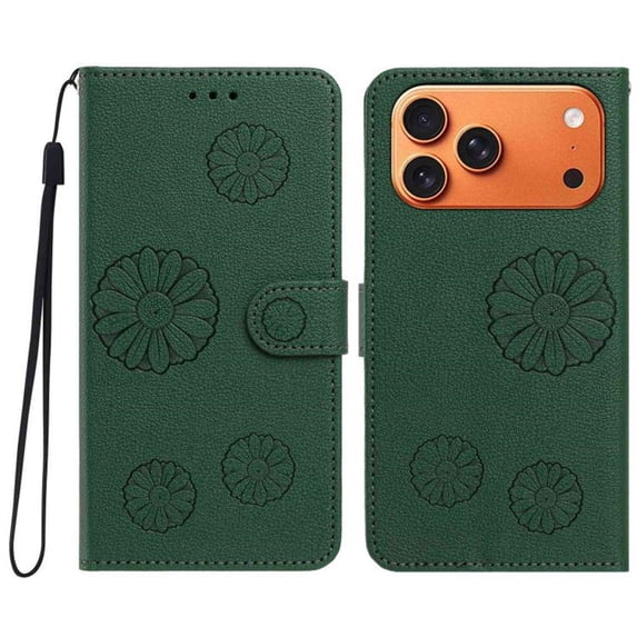 PU Leather Wallet Case for iPhone 18 Pro Max /17 Pro Max 6.9", Daisy Embossed Flip Folio Cover with Card Slots, Magnetic Closure Phone Case,Green
