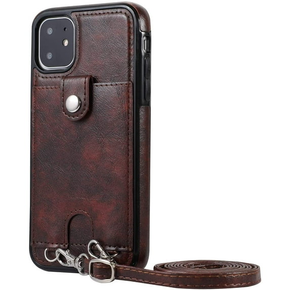 PU Leather Wallet Case for iPhone 11 Necklace Lanyard Case Cover with Card Holder Adjustable Detachable Anti-Lost Neck Strap for Apple iPhone 11 6.1",Brown