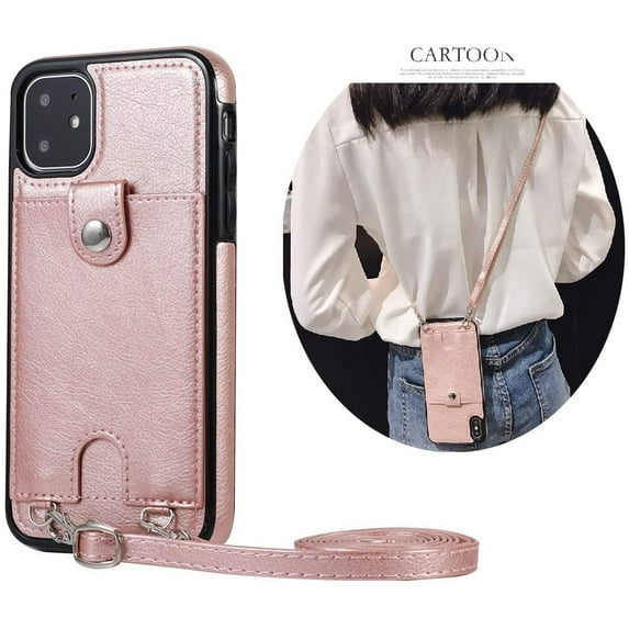 PU Leather Wallet Case for iPhone 11 Necklace Lanyard Case Cover with Card Holder Adjustable Detachable Anti-Lost Neck Strap for Apple iPhone 11 6.1",Pink