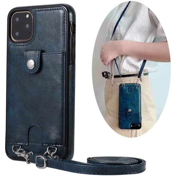PU Leather Wallet Case for iPhone 11 Pro Max Necklace Lanyard Case Cover with Card Holder Adjustable Detachable Anti-Lost Neck Strap for Apple iPhone 11 Pro Max 6.5",Blue
