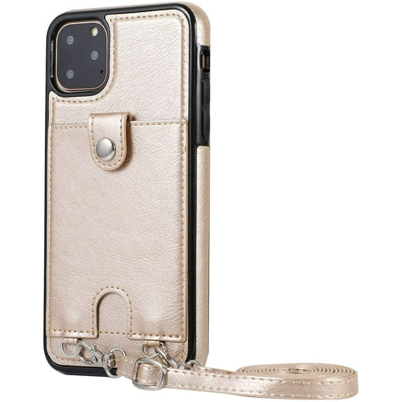 PU Leather Wallet Case for iPhone 11 Pro Necklace Lanyard Case Cover with Card Holder Adjustable Detachable Anti-Lost Neck Strap for Apple iPhone 11 Pro 5.8",Gold