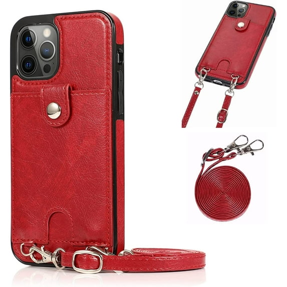 PU Leather Wallet Case for iPhone 13 Pro Max Removable Adjustable Crossbody Necklace Lanyard Shoulder Strap Case Cover with Card Holder,Detachable Anti-Lost Neck Strap Case 6.7",Red