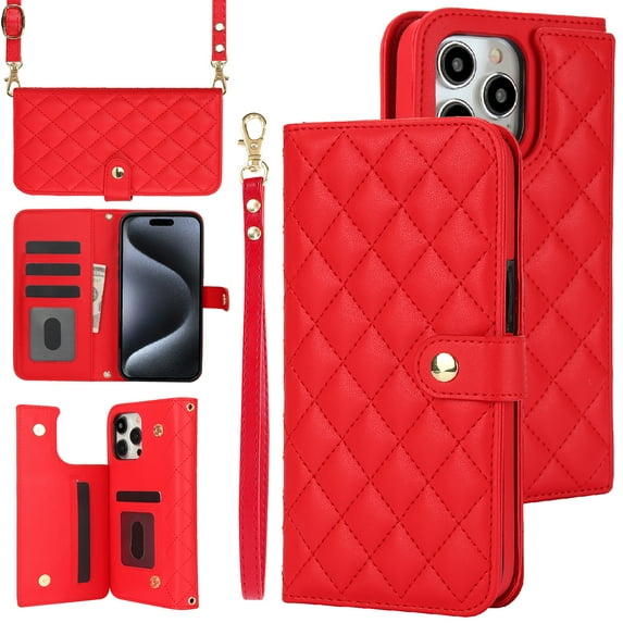 PU Leather Wallet Case for iPhone 14 Pro, Wrist Strap + Shoulder Strap, Multiple Card Slots Folio Purse, PU Leather Stand RFID Blocking Phone Case Cover for iPhone 14 Pro,Red